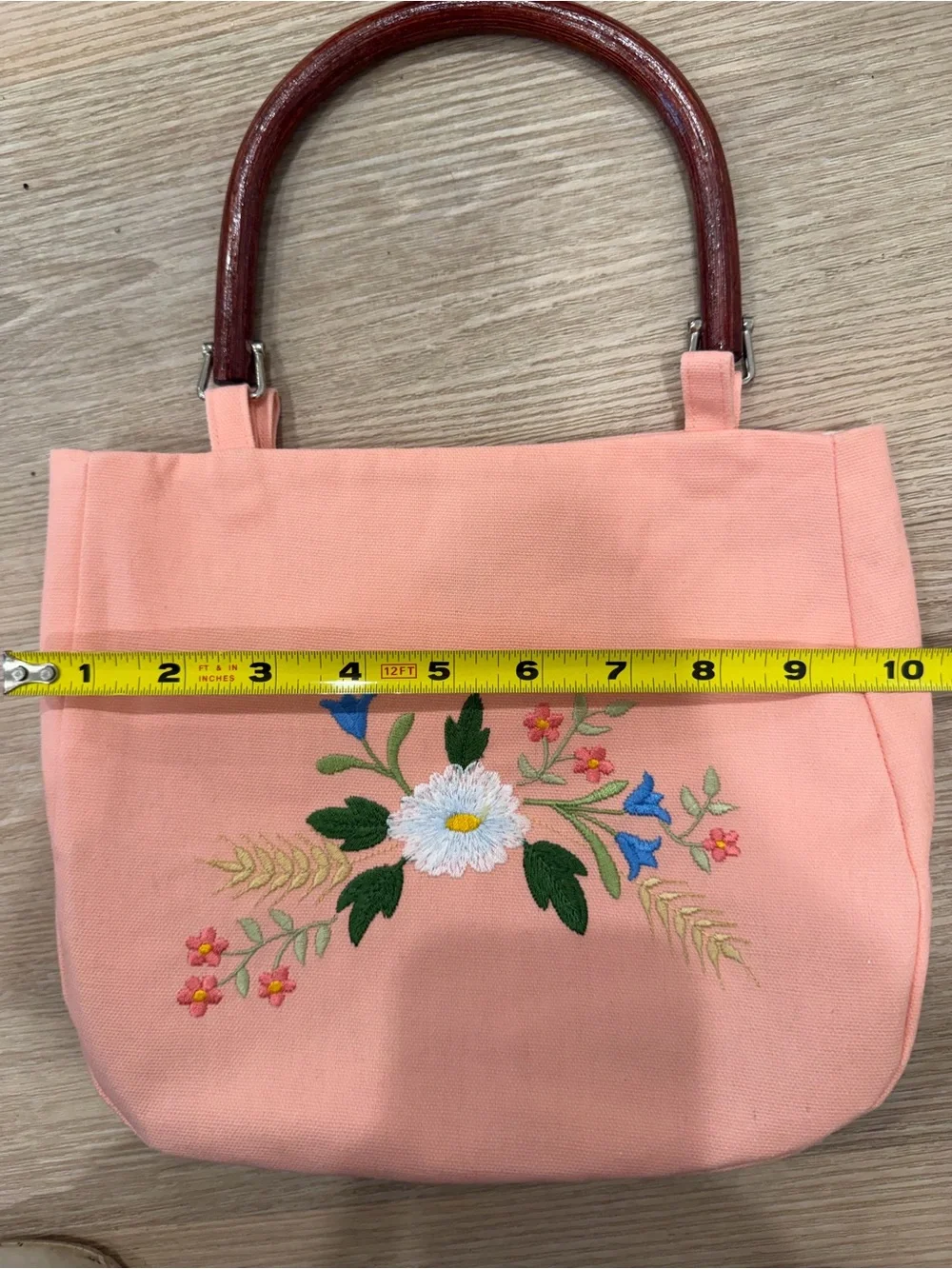 Pink Floral Embroidered Purse with Wooden Handles